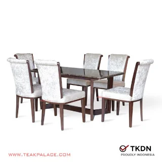 Meja Makan Jati Mewah Marmer Emperador 6 Kursi Seri Gama