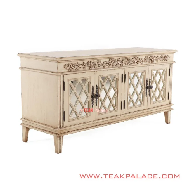 Buffet Antik Minimalis Duco Ivory Ukiran Seri Camelia