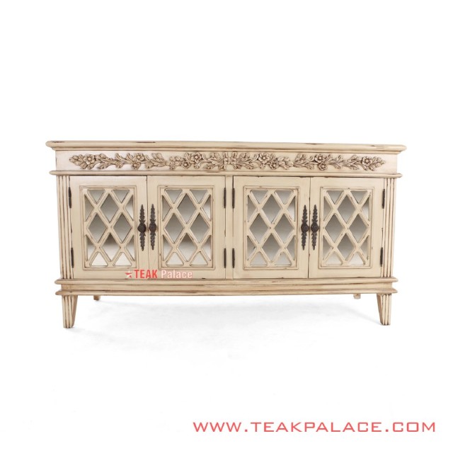 Buffet Antik Minimalis Duco Ivory Ukiran Seri Camelia