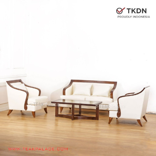 Sofa Tamu Kayu Jati 211 TKDN Seri Lunia Kulit Putih Sofa Tamu Kayu Jati 211 TKDN Seri Lunia Kulit Putih