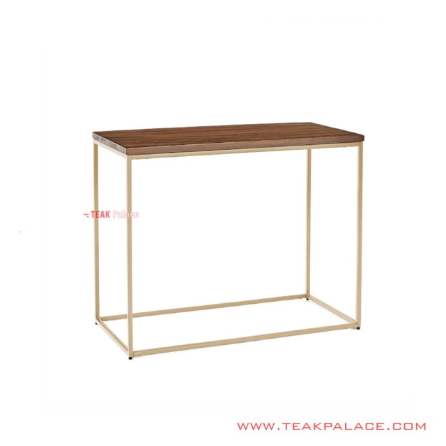 Meja Sudut Seri Aespa Rangka Besi Emas Top Kayu Jati Salak Brown