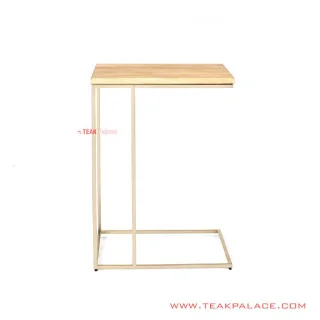 Meja Sudut Rangka Besi Emas Top Kayu Jati Natural Seri Mensa