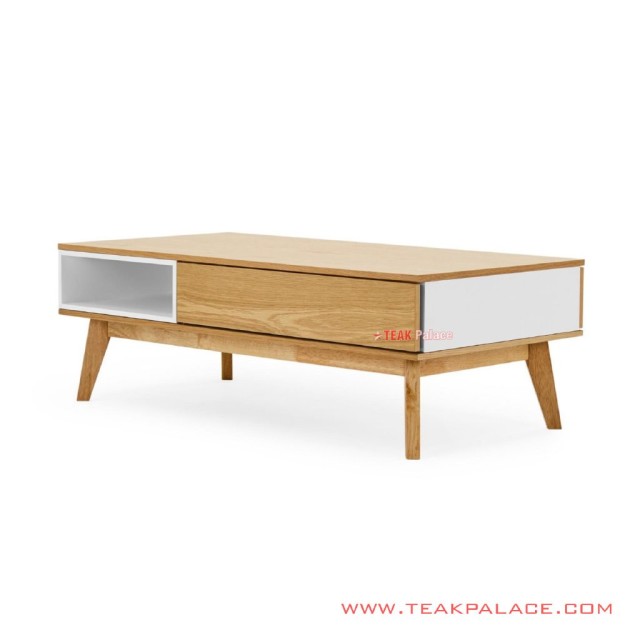 Meja Kopi Minimalis Jati Natural Duco Putih Seri Zemira