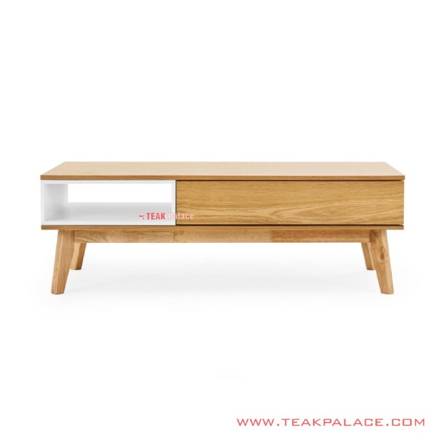 Meja Kopi Minimalis Jati Natural Duco Putih Seri Zemira