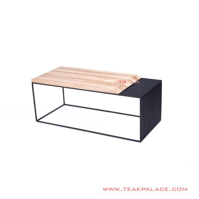 Meja Tamu Dexter Rangka Besi Hitam Top Table Jati Natural