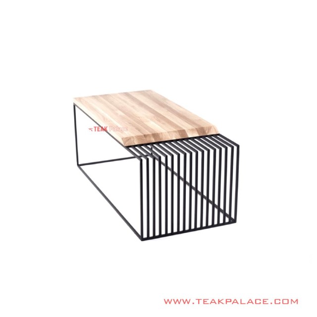 Meja Tamu Dexter Rangka Besi Hitam Top Table Jati Natural