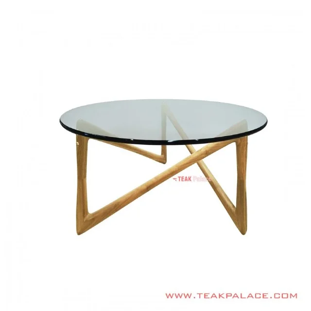 Meja Tamu Kaca Jati Minimalis 90 cm Zagi Golden Teak