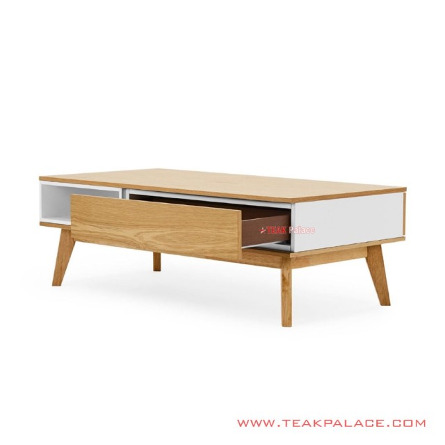 Meja Kopi Minimalis Jati Natural Duco Putih Seri Zemira