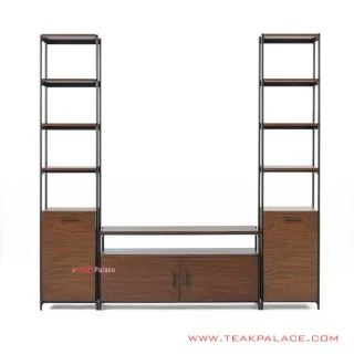 Set Rak Meja TV Rangka Besi Kayu Jati Minimalis Seri Foundry