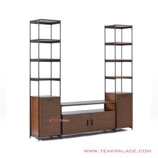 Set Rak Meja TV Rangka Besi Kayu Jati Minimalis Seri Foundry