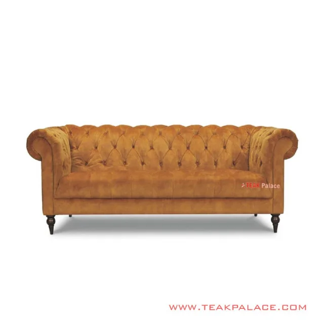 Chesterfield Sofa 3 Seater Bludru Orange Minimalis