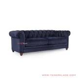 Sofa Chesterfield 3 Seater Jati Blackwalnut Biru Minimalis
