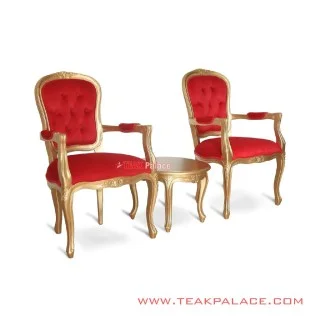 Kursi Klasik Ukir Mewah Victorian Set 2 Kursi Emas Kain Mewah