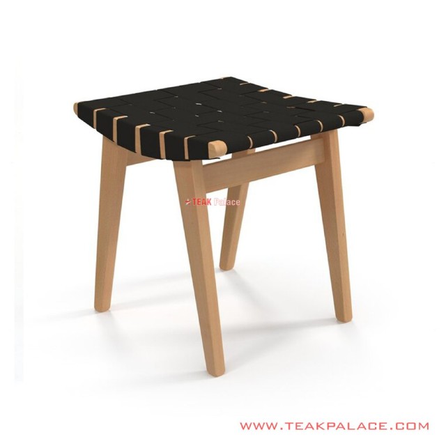 Stool Oldense Kayu Jati Natural Minimalis Anyaman Kain Hitam