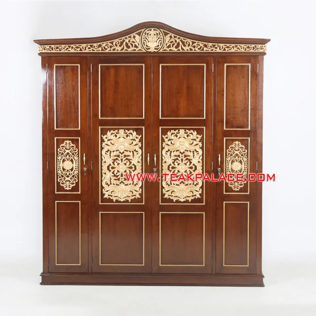 Lemari Jati Ukir Mewah Emas 4 Pintu Seri Padang